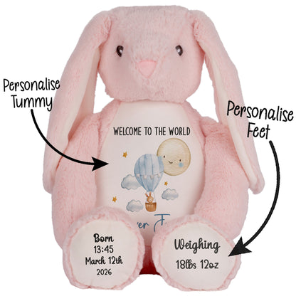 Pink plush bunny with customizable text on a white background STOCK-BUNNY-PINK