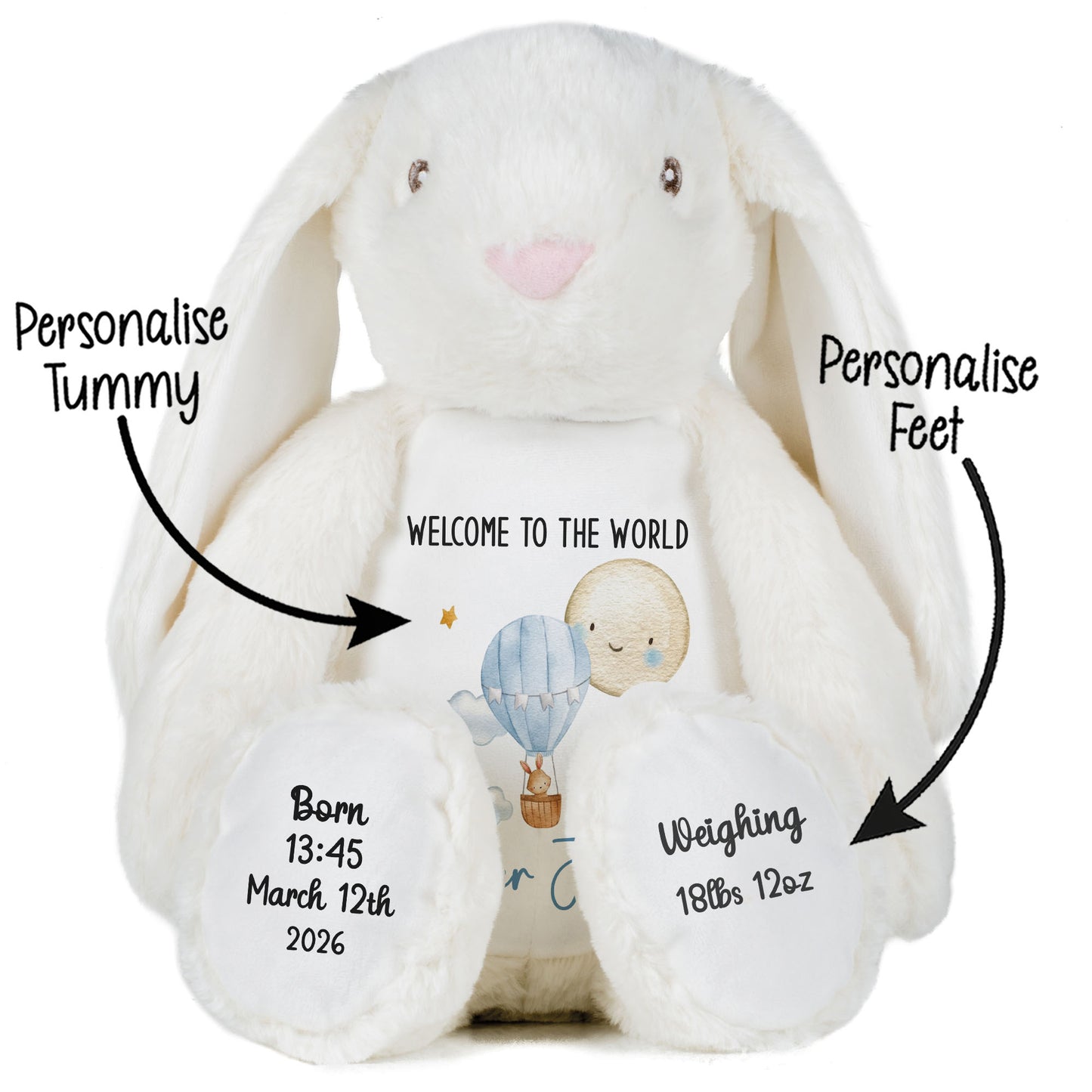 White plush bunny with customizable text on a white background STOCK-BUNNY-WHITE