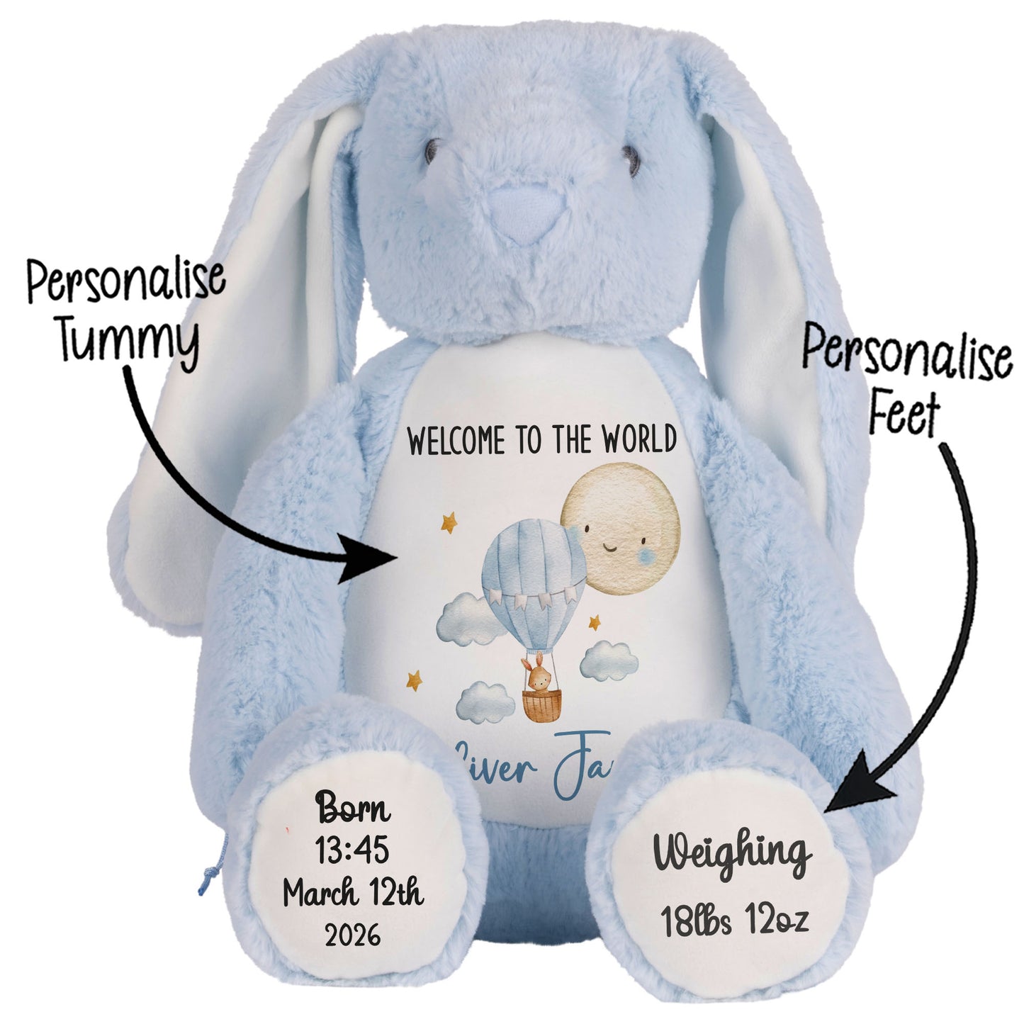 Blue plush bunny with personalized details on a white background STOCK-BUNNY-BLUE