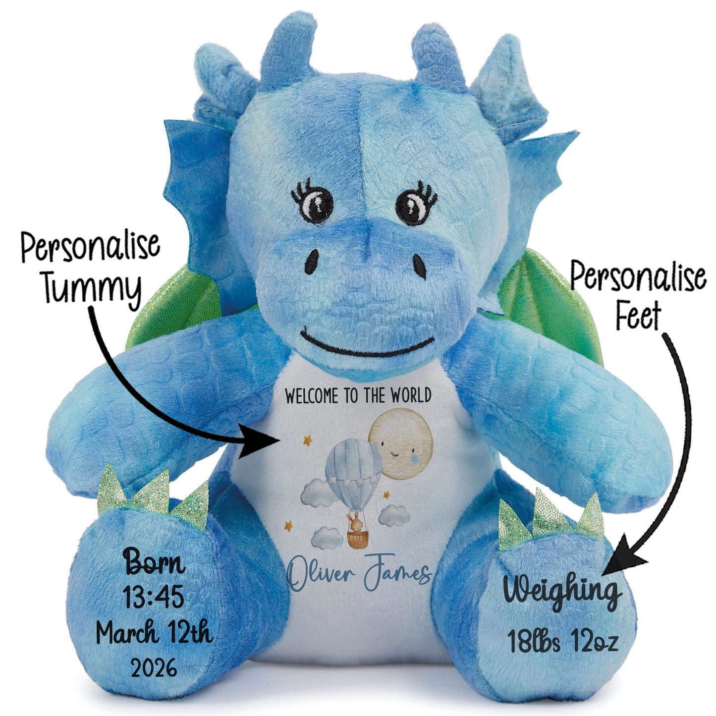 Blue dragon plush toy with customizable text on a white background STOCK-DRAGON
