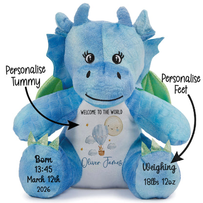 Blue dragon plush toy with customizable text on a white background STOCK-DRAGON
