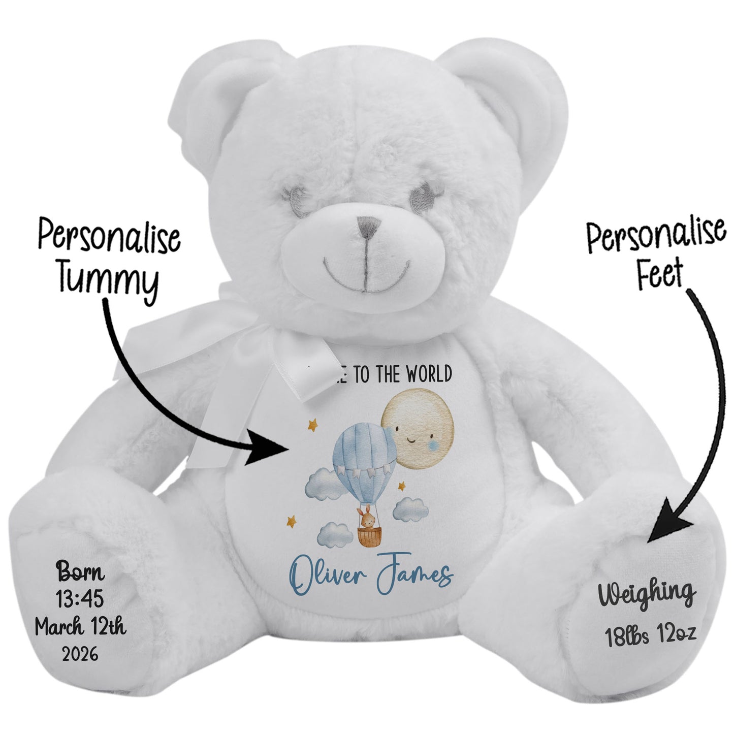 White teddy bear with personalized text and design on a white background STOCK-WHITE