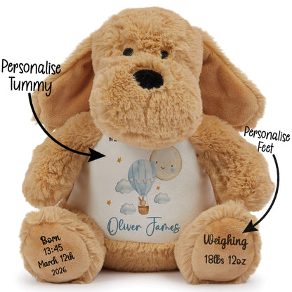 Brown teddy bear with a personalized tummy, feet, and birth details on a white background STOCK-DOG