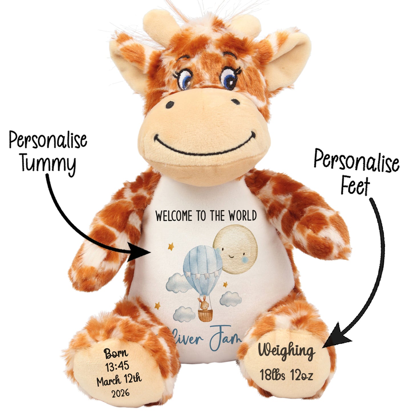 Plush giraffe toy with customizable features on a white background STOCK-GIRAFFE