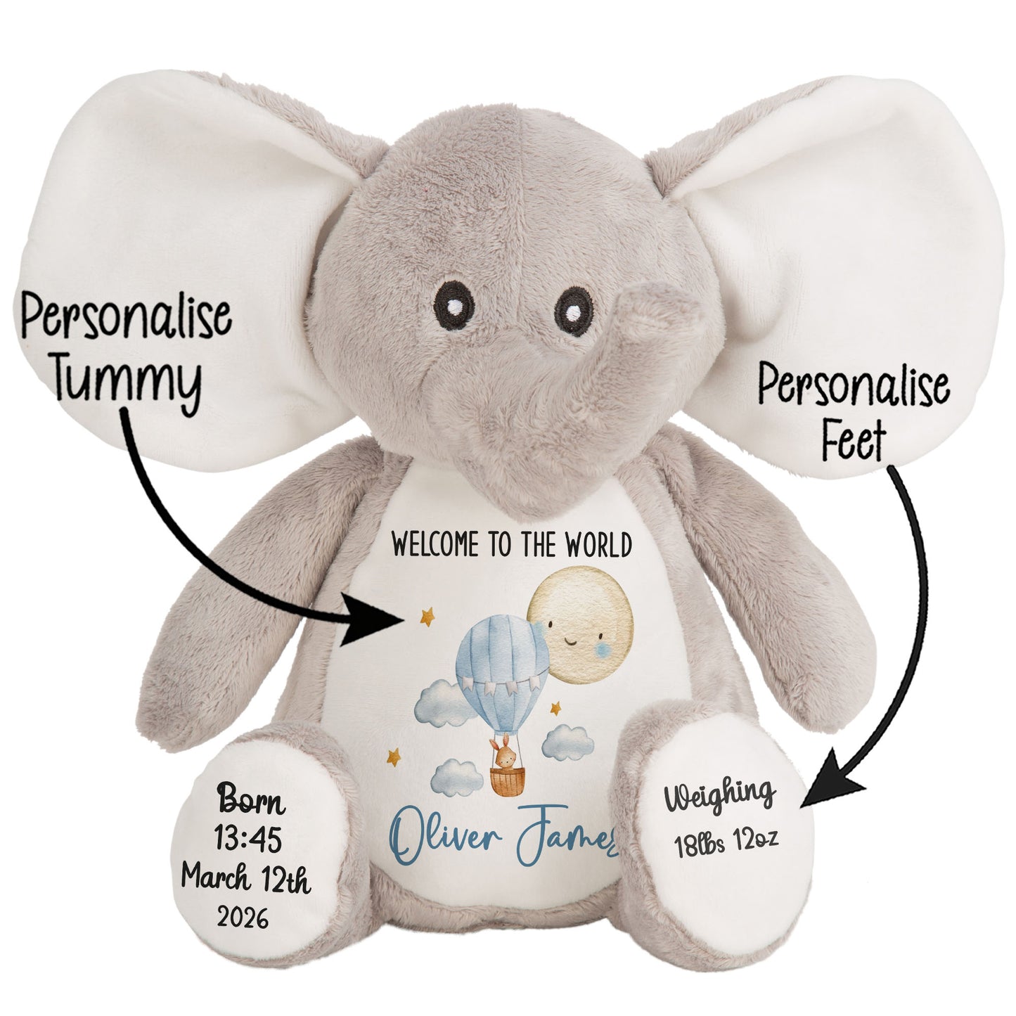 Plush elephant toy with customizable text on a white background STOCK-ELEPHANT