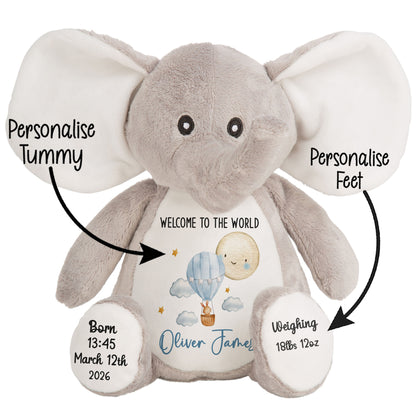 Plush elephant toy with customizable text on a white background STOCK-ELEPHANT