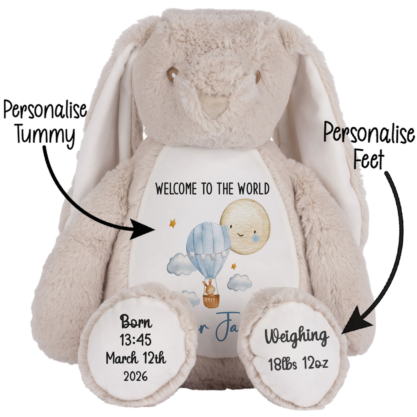 Plush bunny with customizable text on a white background STOCK-BUNNY-BROWN