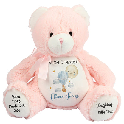 Blue Balloon & Moon New Baby Boy Personalised Teddy Bear