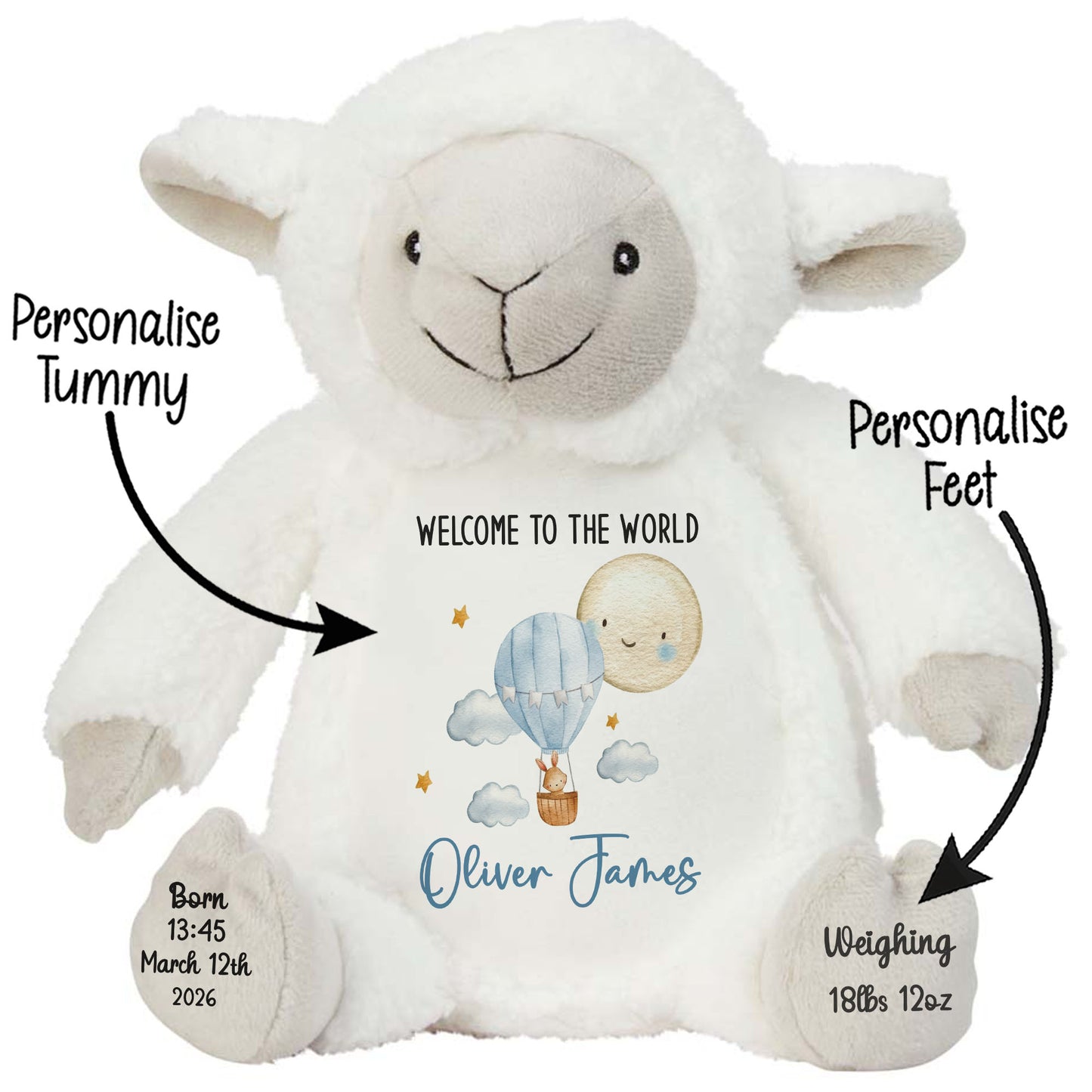White lamb plush toy with customizable text on a white background STOCK-LAMB