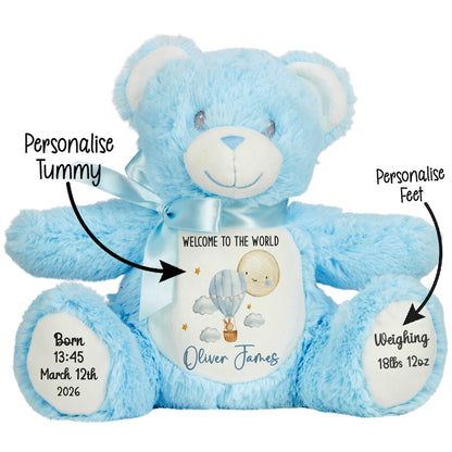 Blue teddy bear with a personalized message on a white background STOCK-BLUE