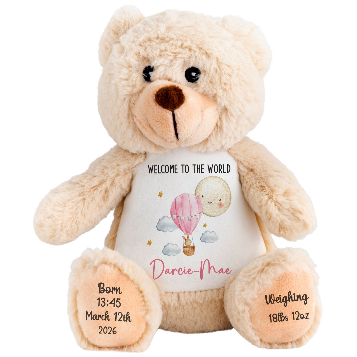 Pink Balloon & Moon New Baby Girl Personalised Teddy Bear