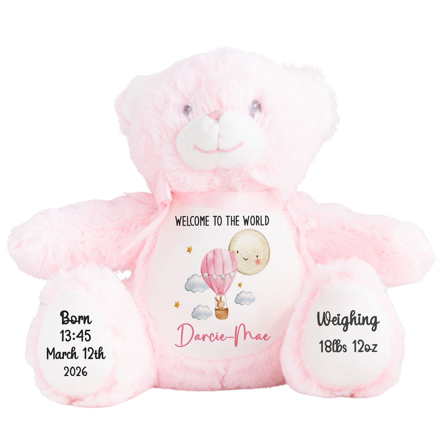 Pink Balloon & Moon New Baby Girl Personalised Teddy Bear