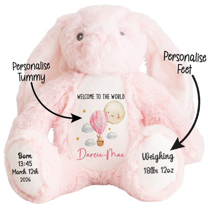 Pink plush toy with customizable text on a white background STOCK-BUNNY-PINK