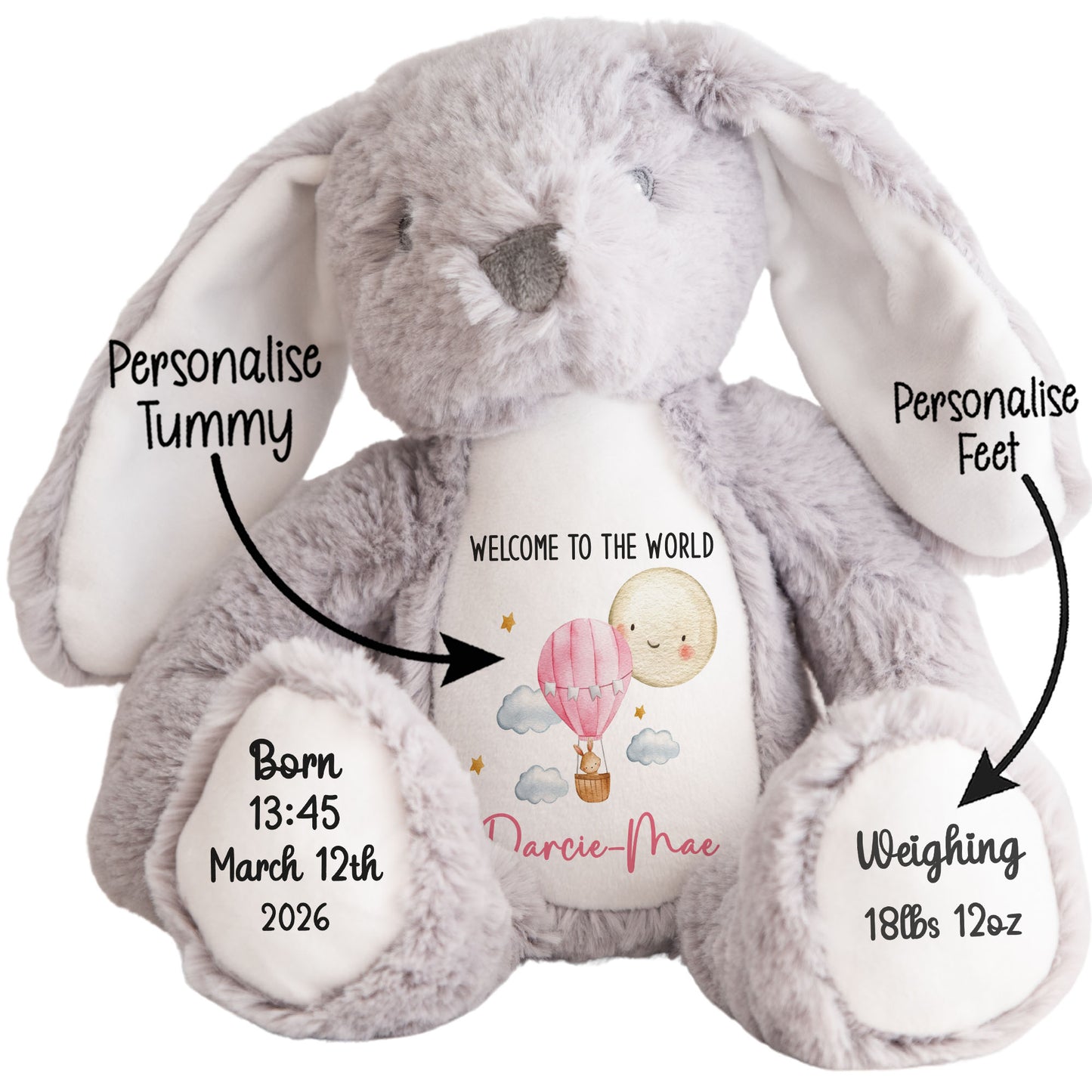 Gray plush bunny with customizable features on a white background STOCK-BUNNY-GREY