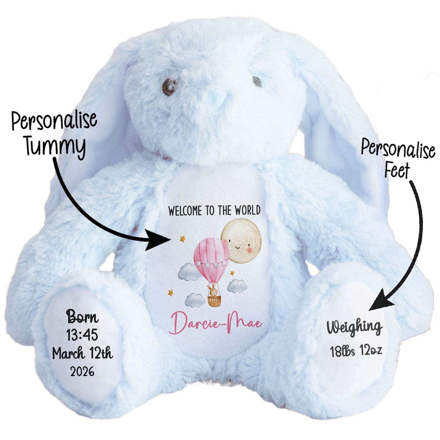 Blue plush toy with personalized text on a white background STOCK-BUNNY-BLUE