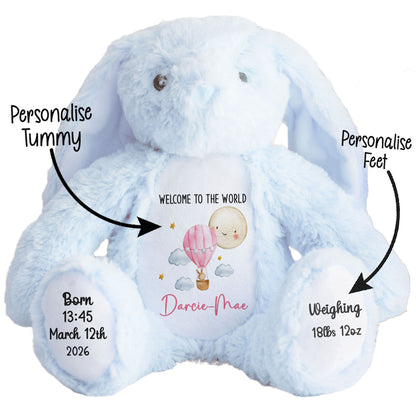 Blue plush toy with personalized text on a white background STOCK-BUNNY-BLUE