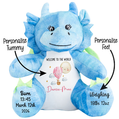 Blue dragon plush toy with customizable text on a white background STOCK-DRAGON