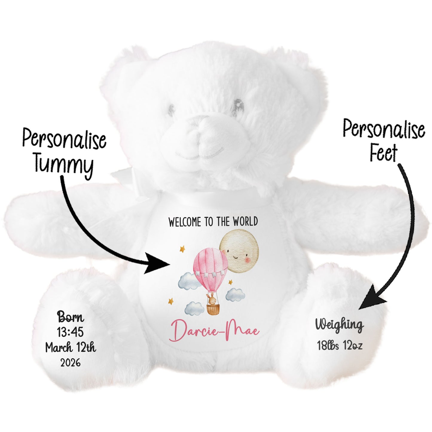 White teddy bear with customizable text on a white background STOCK-WHITE