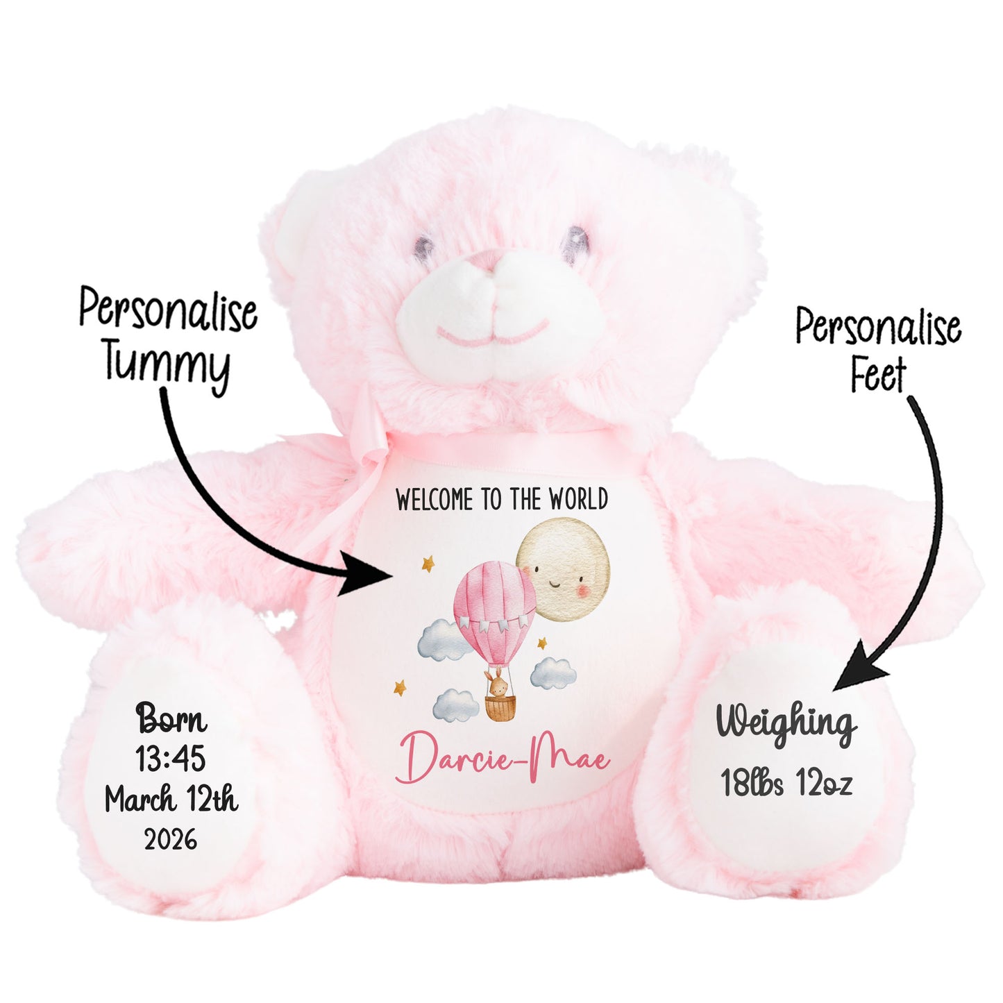Pink teddy bear with personalized text on a white background STOCK-PINK