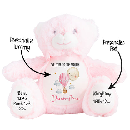 Pink teddy bear with personalized text on a white background STOCK-PINK