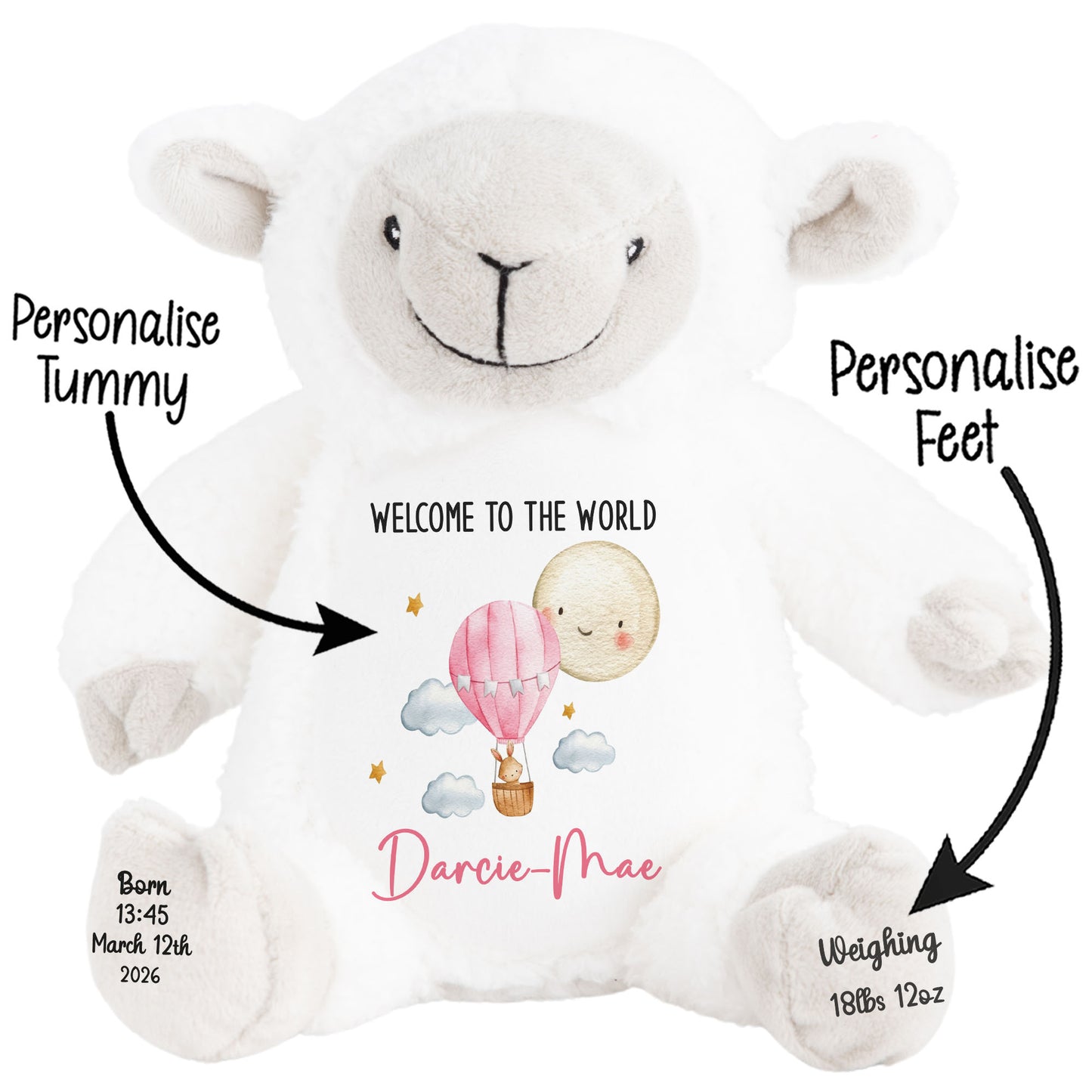 White teddy bear with personalized text and illustrations on a white background STOCK-LAMB