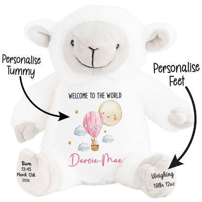 White teddy bear with personalized text and illustrations on a white background STOCK-LAMB