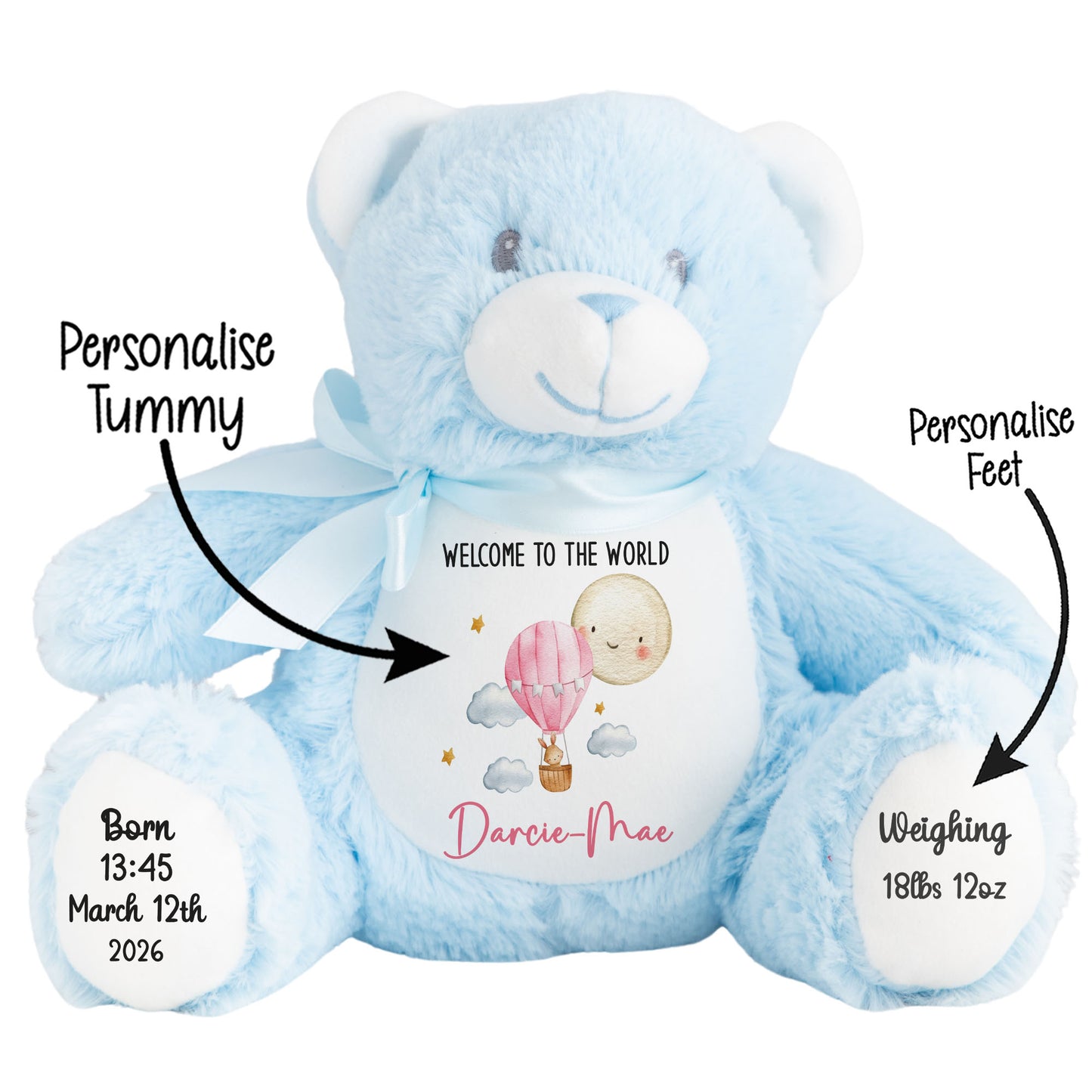 Blue teddy bear with a personalized baby announcement card on a white background STOCK-BLUE