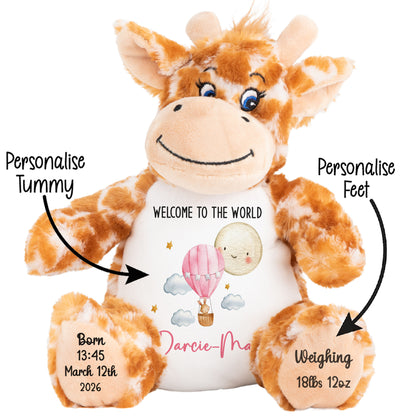 Plush giraffe toy with customizable text on a white background STOCK-GIRAFFE