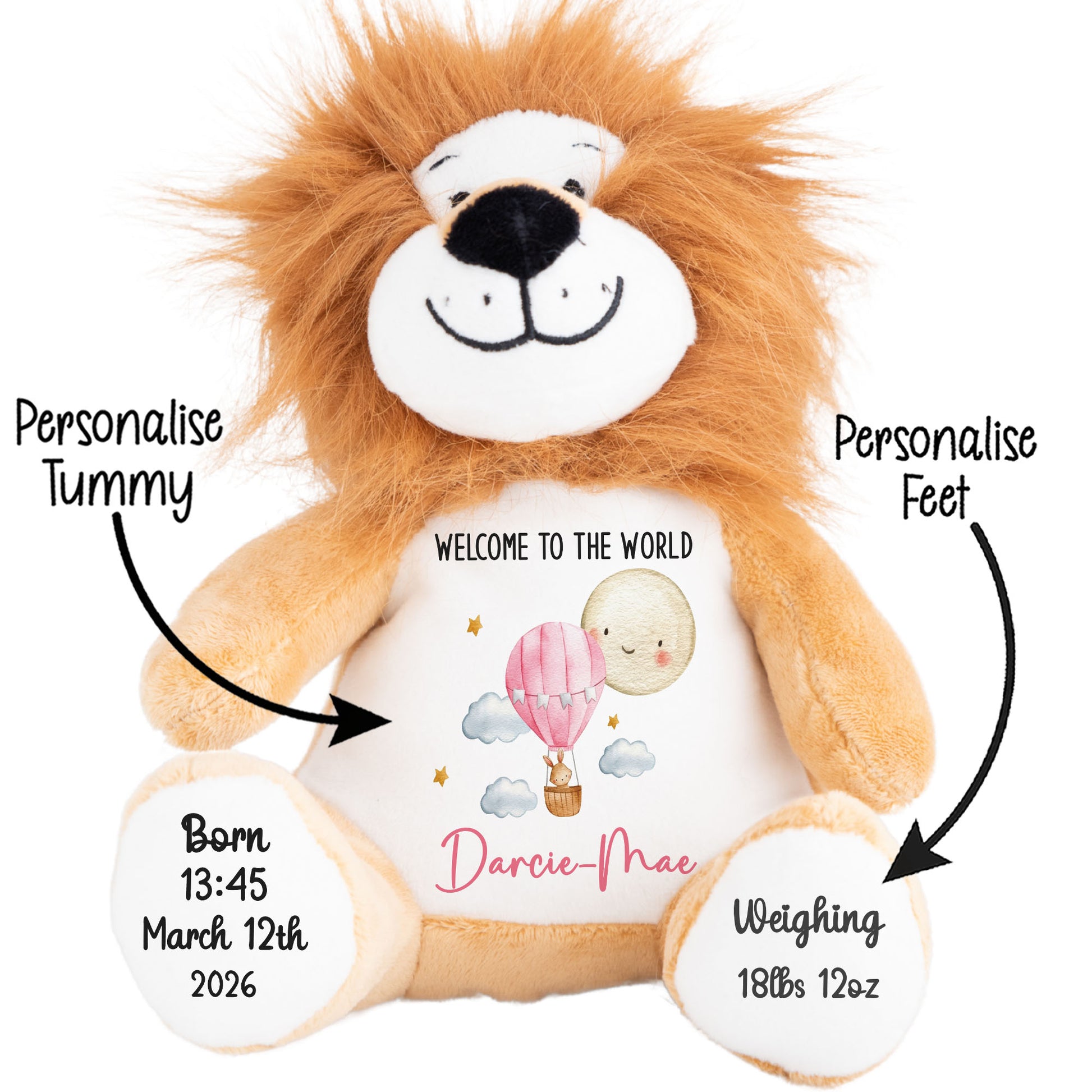 Stuffed lion toy with a personalized message on its belly, suitable for new baby gifts. STOCK-LION