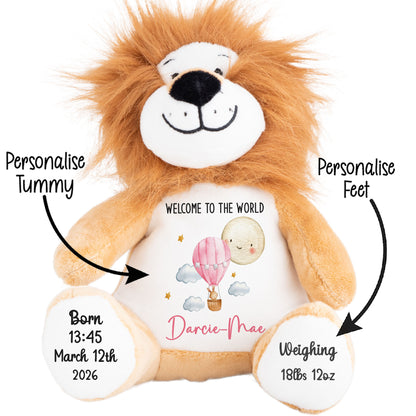 Stuffed lion toy with a personalized message on its belly, suitable for new baby gifts. STOCK-LION