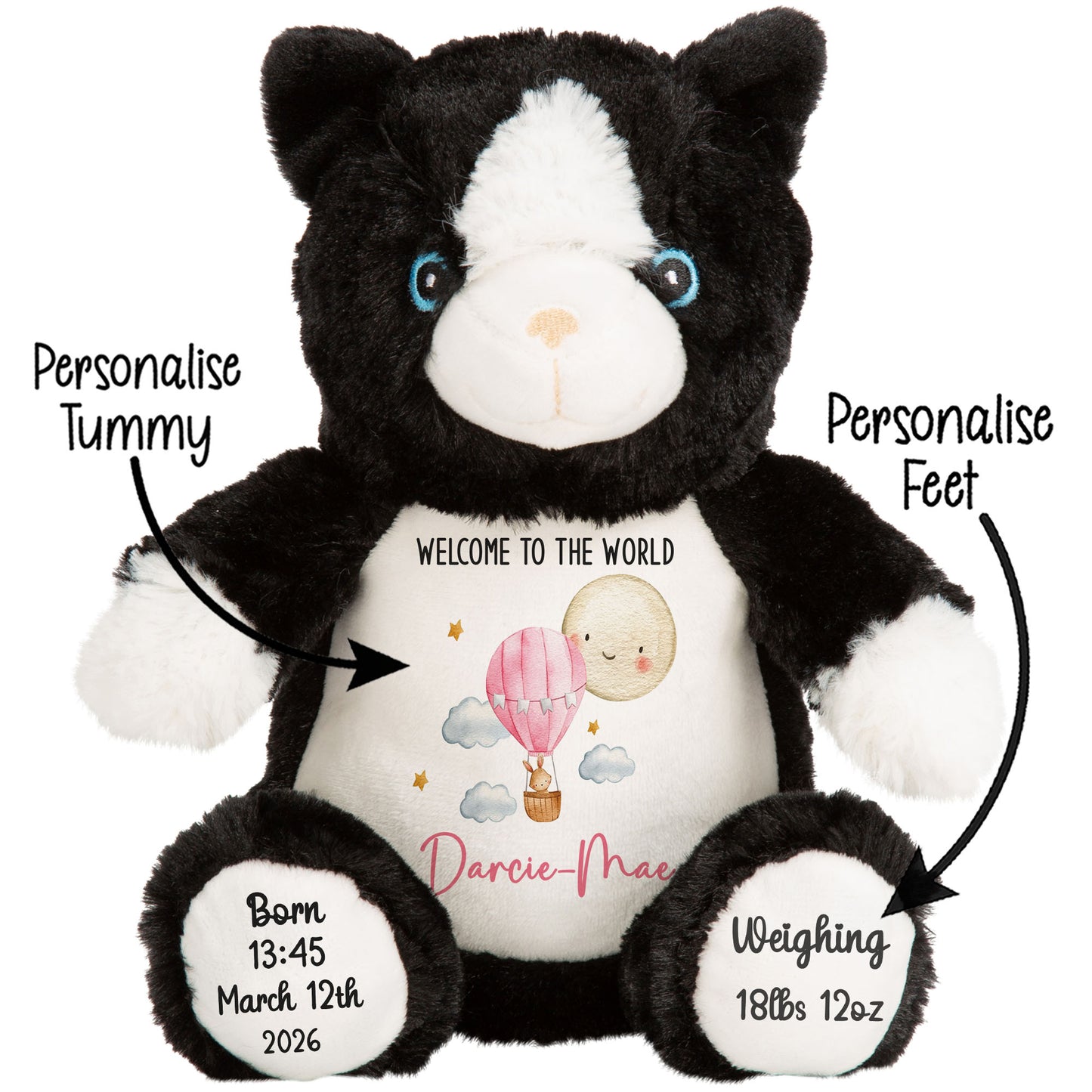 Black and white plush toy with customizable text on a white background STOCK-CAT