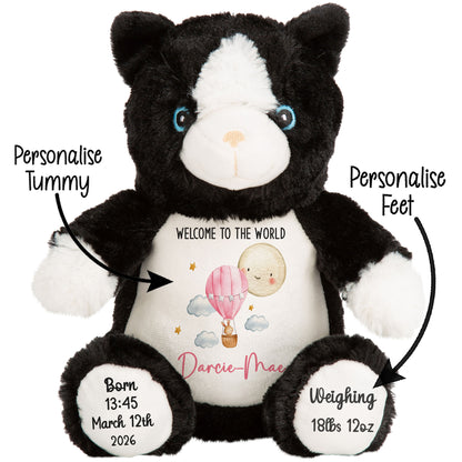 Black and white plush toy with customizable text on a white background STOCK-CAT