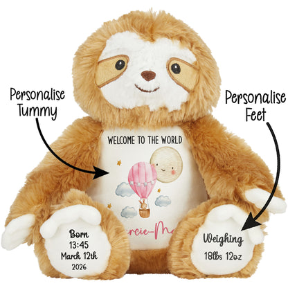 Plush toy with customizable text on a white background STOCK-SLOTH