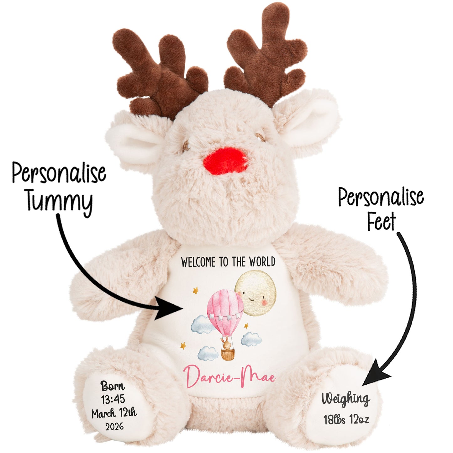 Plush reindeer toy with customizable text on a white background STOCK-REINDEER