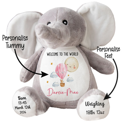 Plush elephant toy with customizable text on a white background STOCK-ELEPHANT