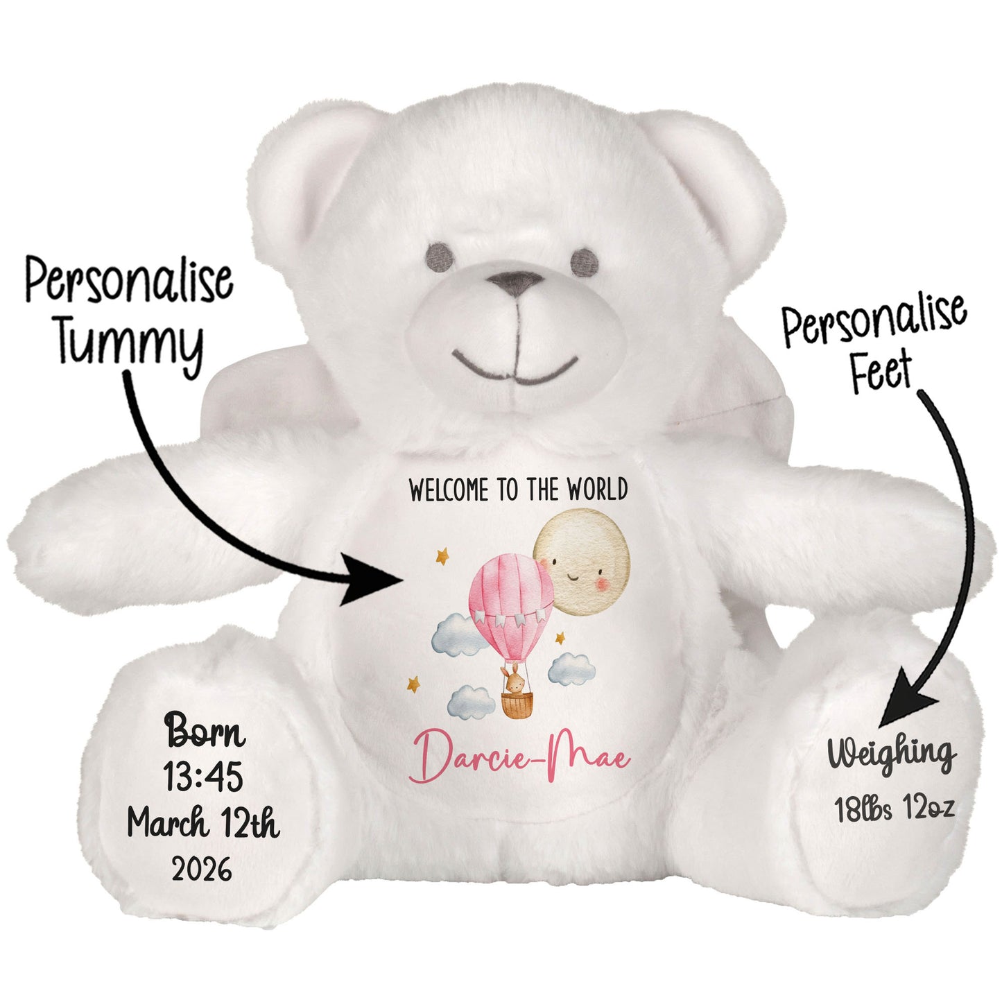 White teddy bear with personalised baby information on a white background STOCK-ANGEL