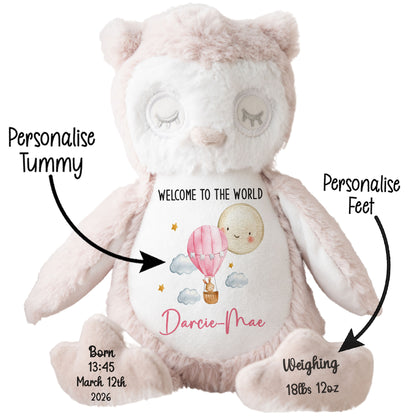 Plush teddy bear with customizable text on a white background STOCK-OWL