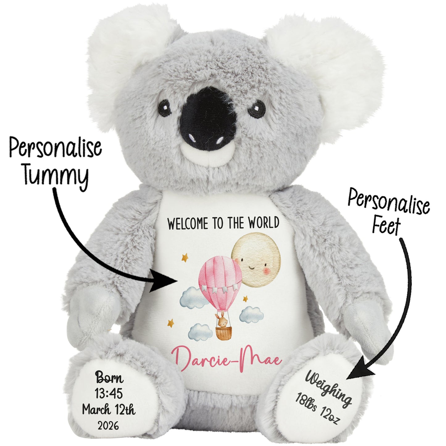 Plush koala toy with customizable text on a white background STOCK-KOALA