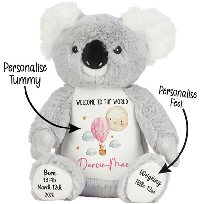 Plush koala toy with customizable text on a white background STOCK-KOALA