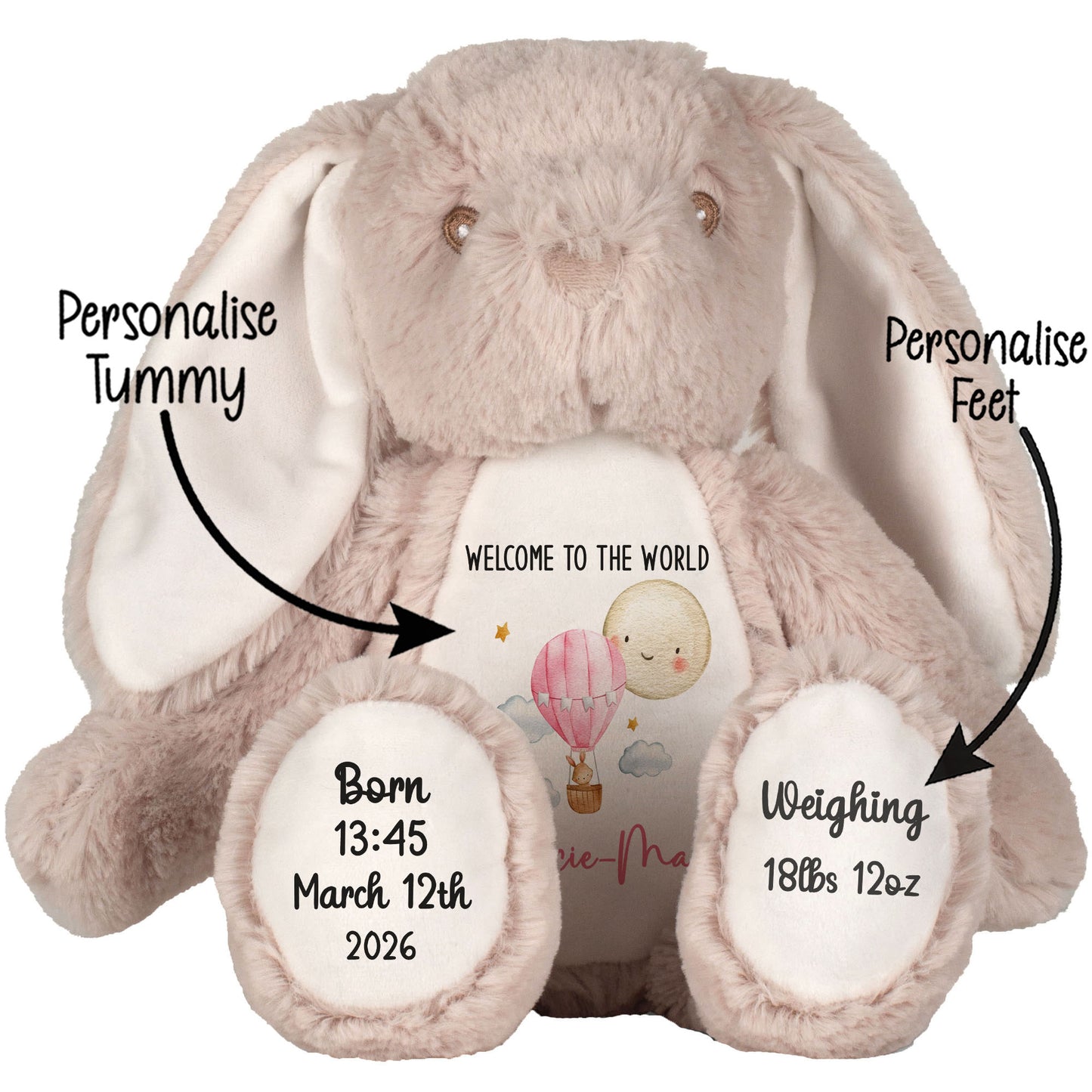 Plush bunny with customizable text on a white background STOCK-BUNNY-BROWN