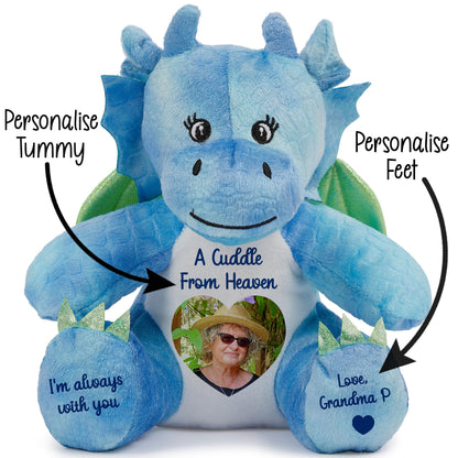 Blue plush dragon teddy with customisable cuddle from heaven text and a heart shaped photo CFHDRA