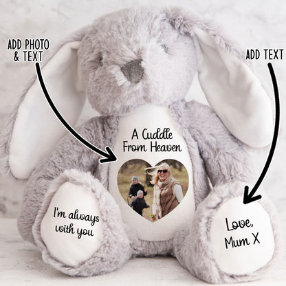 Gray plush bunny rabbit with cuddle from heaven text and heart shaped photo placeholders on a white background CFHGBU