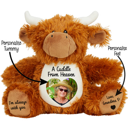 Plush highland cow teddy with customisable cuddle from heaven text and photo on a white background CFHHIG