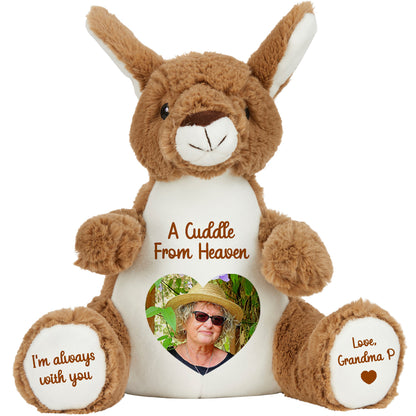 Plush kangaroo teddy with a heart photo and cuddle from heaven text