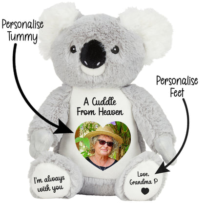 Gray koala bear with customisable cuddle from heaven text and photo on a white background CFHKOA