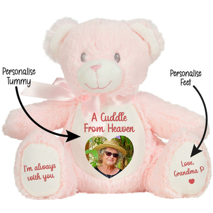 Pink teddy bear with customisable cuddle from heaven text and heart photo area on a white background CFHPBE