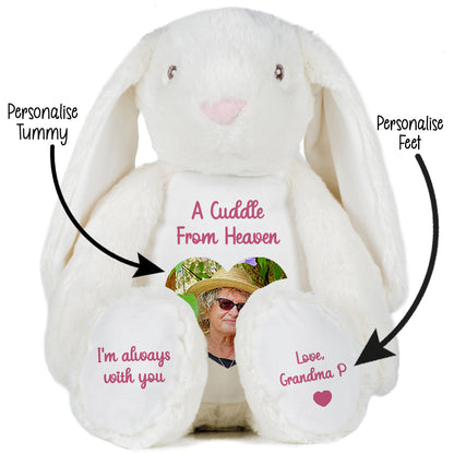 White plush bunny with customisable cuddle from heaven text on a white background CFHWHIB