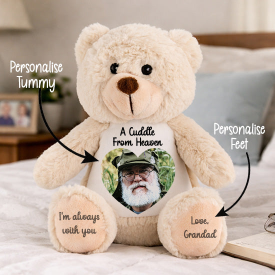 Personalised photo memory bear sat on a bed