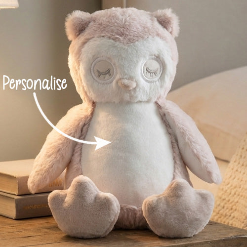 Plush owl toy with a customisable tummy on a wooden surface.