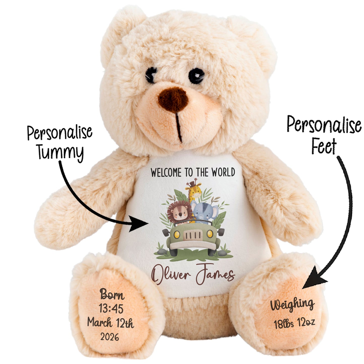 Baby Animal Safari Car New Baby Personalised Teddy Bear